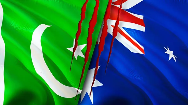 Pakistan and Australia flags with scar concept. Waving flag,3D rendering. Pakistan and Australia conflict concept. Pakistan Australia relations concept. flag of Pakistan and Australia crisis,war