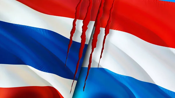 タイとルクセンブルクは傷の概念でフラグを立てます 旗を振って3Dレンダリング タイとルクセンブルク紛争の概念 タイルクセンブルク関係の概念 タイとルクセンブルクの国旗 — ストック写真