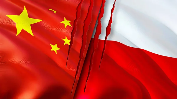 China and Poland flags with scar concept. Waving flag,3D rendering. China and Poland conflict concept. China Poland relations concept. flag of China and Poland crisis,war, attack concep