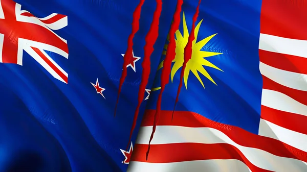 Nya Zeeland Och Malaysia Flaggor Med Ärr Koncept Viftande Flagga — Stockfoto