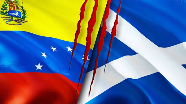 Venezuela and Scotland flags with scar concept. Waving flag,3D rendering. Venezuela and Scotland conflict concept. Venezuela Scotland relations concept. flag of Venezuela and Scotland crisis,war