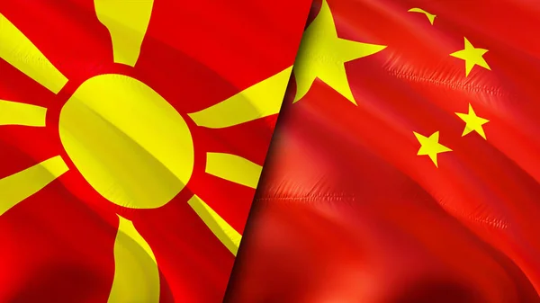 Nordmakedonien Och Kina Flaggar Viftande Flagga Design Norra Makedonien Kina — Stockfoto