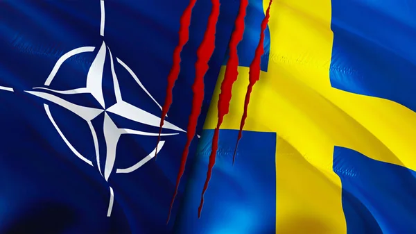NATO and Sweden flags with scar concept. Waving flag,3D rendering. Sweden and NATO conflict concept. NATO Sweden relations concept. flag of NATO and Sweden crisis,war, attack concep