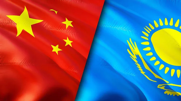 China and Kazakhstan flags. 3D Waving flag design. China Kazakhstan flag, picture, wallpaper. China vs Kazakhstan image,3D rendering. China Kazakhstan relations alliance and Trade,travel,touris