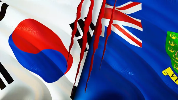 South Korea and British Virgin Islands flags with scar concept. Waving flag,3D rendering. South Korea and British Virgin Islands conflict concept. South Korea British Virgin Islands relation