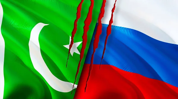 Pakistan and Russia flags with scar concept. Waving flag,3D rendering. Pakistan and Russia conflict concept. Pakistan Russia relations concept. flag of Pakistan and Russia crisis,war, attack concep