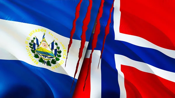 El Salvador and Norway flags with scar concept. Waving flag 3D rendering. El Salvador and Norway conflict concept. El Salvador Norway relations concept. flag of El Salvador and Norway crisis,war
