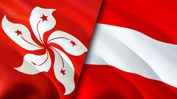 Hong Kong and Austria flags. 3D Waving flag design. Hong Kong Austria flag, picture, wallpaper. Hong Kong vs Austria image,3D rendering. Hong Kong Austria relations alliance and Trade,travel,touris