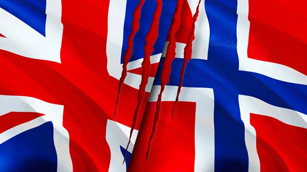 Birleşik Krallık Norveç Bayraklarında Yara Izi Var Dalgalanan Bayrak Boyutlu — Stok fotoğraf