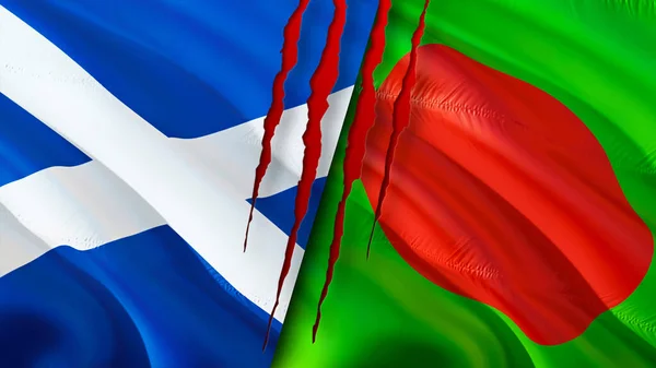 Scotland and Bangladesh flags with scar concept. Waving flag,3D rendering. Scotland and Bangladesh conflict concept. Scotland Bangladesh relations concept. flag of Scotland and Banglades