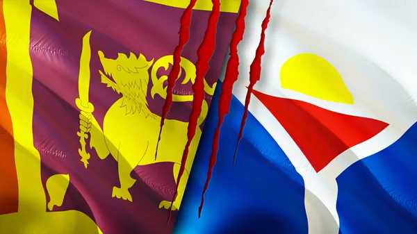 Sri Lanka and Saint Martin flags with scar concept. Waving flag,3D rendering. Sri Lanka and Saint Martin conflict concept. Sri Lanka Saint Martin relations concept. flag of Sri Lanka and Sain