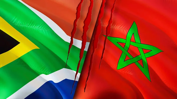 Banderas Sudáfrica Marruecos Con Concepto Cicatriz Bandera Ondeante Representación Sudáfrica —  Fotos de Stock