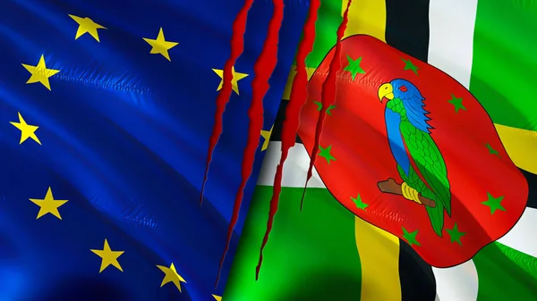 Bandeiras União Europeia Dominica Com Conceito Cicatriz Bandeira Ondulada Renderização — Fotografia de Stock
