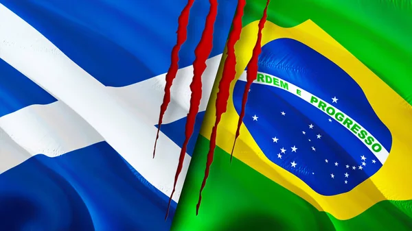 Scotland and Brazil flags with scar concept. Waving flag,3D rendering. Scotland and Brazil conflict concept. Scotland Brazil relations concept. flag of Scotland and Brazil crisis,war, attack concep