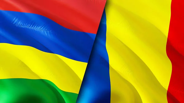 毛里求斯和罗马尼亚的国旗 3D波浪旗帜设计 毛里求斯罗马尼亚国旗 毛里求斯对罗马尼亚的图像 3D渲染 毛里求斯罗马尼亚关系联盟与贸易 — 图库照片