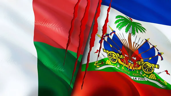 Bandeiras Madagascar Haiti Com Conceito Cicatriz Bandeira Ondulada Renderização Conceito — Fotografia de Stock