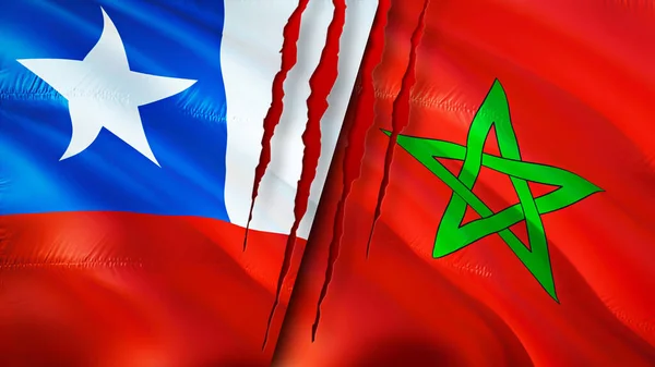 Chile and Morocco flags with scar concept. Waving flag,3D rendering. Chile and Morocco conflict concept. Chile Morocco relations concept. flag of Chile and Morocco crisis,war, attack concep