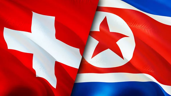 Switzerland and North Korea flags. 3D Waving flag design. Switzerland North Korea flag, picture, wallpaper. Switzerland vs North Korea image,3D rendering. Switzerland North Korea relations allianc