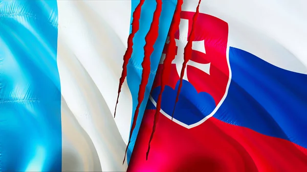 과테말라와 슬로바키아 깃발에는 흉터가 렌더링으로 흔들리는 과테말라와 슬로바키아의 충돌이라는 개념입니다 — 스톡 사진