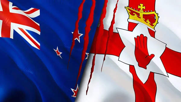 新西兰和北爱尔兰的国旗带有疤痕概念 波浪旗3D渲染 新西兰和北爱尔兰冲突概念 新西兰北爱尔兰关系概念 Ne旗 — 图库照片