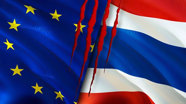 European Union and Thailand flags with scar concept. Waving flag,3D rendering. European Union and Thailand conflict concept. European Union Thailand relations concept. flag of European Union an