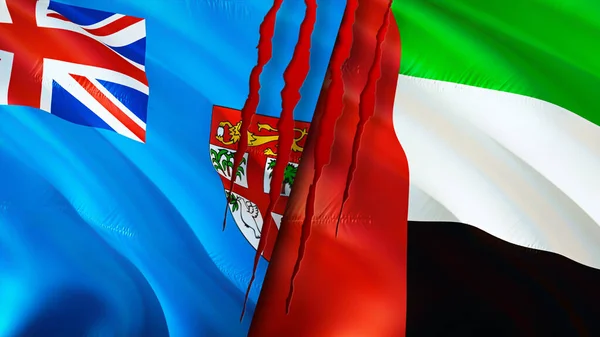 Fiji and United Arab Emirates flags with scar concept. Waving flag,3D rendering. Fiji and United Arab Emirates conflict concept. Fiji United Arab Emirates relations concept. flag of Fiji and Unite