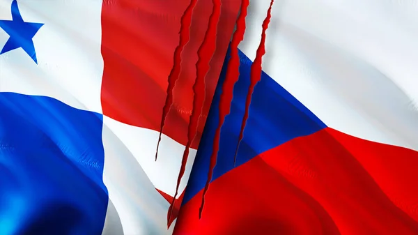 Banderas Panamá República Checa Con Concepto Cicatriz Bandera Ondeante Representación —  Fotos de Stock