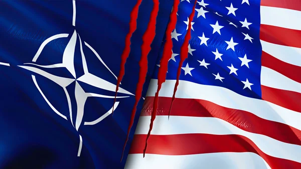 NATO and United States flags with scar concept. Waving flag,3D rendering. United States and NATO conflict concept. NATO United States relations concept. flag of NATO and United States crisis,war