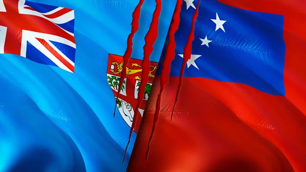 斐济和萨摩亚的国旗带有疤痕概念 飘扬的旗帜 3D渲染 斐济和萨摩亚冲突概念 斐济萨摩亚关系概念 斐济和萨摩亚国旗危机 — 图库照片