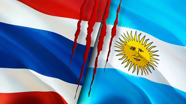 Прапори Таїланду Аргентини Концепцією Шрамів Прапор Рендеринг Конфлікт Між Таїландом — стокове фото