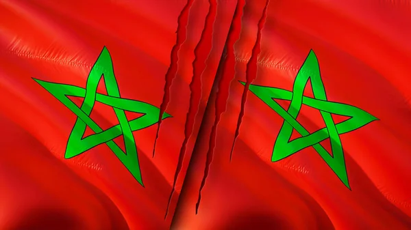 モロッコとモロッコは傷の概念でフラグを立てます 旗を振って3Dレンダリング モロッコとモロッコの紛争の概念 モロッコモロッコ関係の概念 モロッコとモロッコの危機戦争攻撃コンプ — ストック写真