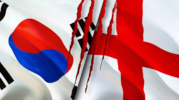 South Korea and England flags with scar concept. Waving flag,3D rendering. South Korea and England conflict concept. South Korea England relations concept. flag of South Korea and Englan
