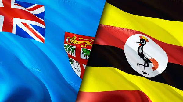 斐济和乌干达的国旗 3D波浪旗帜设计 斐济国旗 斐济对乌干达的图像 3D渲染 斐济乌干达关系联盟与贸易 — 图库照片