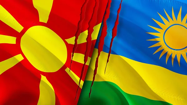 North Macedonia and Rwanda flags with scar concept. Waving flag,3D rendering. North Macedonia and Rwanda conflict concept. North Macedonia Rwanda relations concept. flag of North Macedonia an