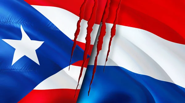 Bandeiras Porto Rico Holanda Com Conceito Cicatriz Bandeira Ondulada Renderização — Fotografia de Stock