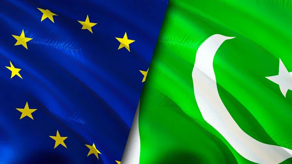 European Union and Pakistan flags. 3D Waving flag design. European Union Pakistan flag, picture, wallpaper. European Union vs Pakistan image,3D rendering. European Union Pakistan relations allianc