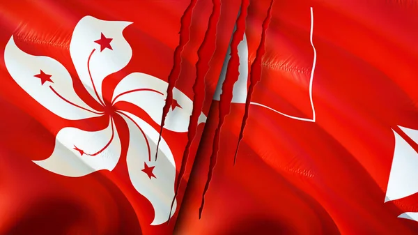 瓦利斯和富图纳的国旗都有疤痕的概念 飘扬的旗帜 3D渲染 瓦利斯和富图纳冲突概念 香港壁虎与富图纳关系的概念 香港的国旗 — 图库照片