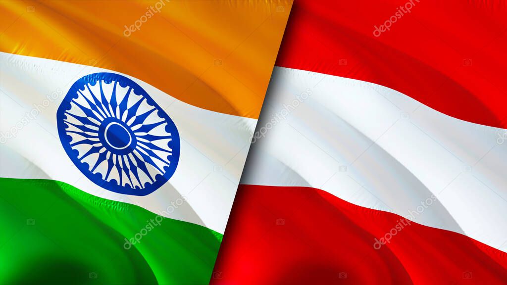 India and Austria flags. 3D Waving flag design. India Austria flag, picture, wallpaper. India vs Austria image,3D rendering. India Austria relations alliance and Trade,travel,tourism concep