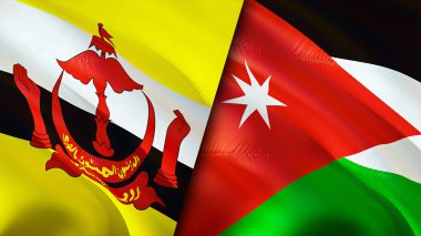 Brunei ve Jordan bayrakları. 3 boyutlu dalgalanan bayrak tasarımı. Brunei Jordan bayrağı, resim, duvar kağıdı. Brunei, Jordan 'a karşı, görüntü 3 boyutlu. Brunei Ürdün ilişkileri ittifak ve ticaret, seyahat, turizm konsepti