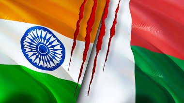 Hindistan ve Madagaskar bayrakları yara izi konseptiyle. Dalgalanan bayrak, 3 boyutlu görüntüleme. Hindistan ve Madagaskar çatışma konsepti. Hindistan Madagaskar ilişkileri kavramı. Hindistan bayrağı ve Madagaskar krizi, savaş, attac