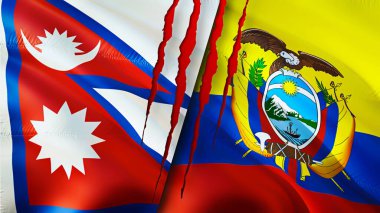 Nepal ve Ekvador bayrakları yara izi konseptiyle. Dalgalanan bayrak, 3 boyutlu görüntüleme. Nepal ve Ekvador çatışması konsepti. Nepal Ekvador ilişkileri kavramı. Nepal ve Ekvador bayrağı krizi, savaş, saldırı konsepti