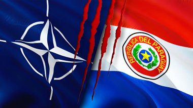 NATO ve Paraguay bayraklarında yara izi var. Dalgalanan bayrak, 3 boyutlu görüntüleme. Paraguay ve NATO çatışma konsepti. NATO Paraguay ilişkileri kavramı. NATO ve Paraguay bayrağı krizi, savaş, saldırı konsepti