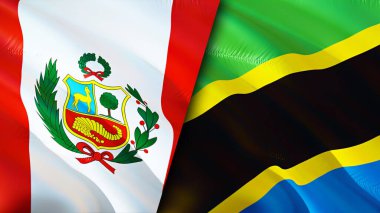 Peru ve Tanzanya bayrakları. 3 boyutlu dalgalanan bayrak tasarımı. Peru Tanzanya bayrağı, resim, duvar kağıdı. Peru, Tanzanya 'ya karşı, görüntü 3 boyutlu. Peru Tanzanya ilişkileri ittifak ve ticaret, seyahat, turizm konsepti