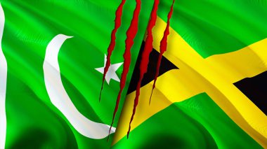 Yara izi olan Pakistan ve Jamaika bayrakları. Dalgalanan bayrak, 3 boyutlu görüntüleme. Pakistan ve Jamaika çatışma konsepti. Pakistan Jamaika ilişkileri kavramı. Pakistan ve Jamaika bayrağı krizi, savaş, attac