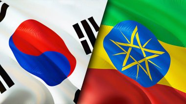 Güney Kore ve Etiyopya bayrakları. 3 boyutlu dalgalanan bayrak tasarımı. Güney Kore Etiyopya bayrağı, resim, duvar kağıdı. Güney Kore Etiyopya 'ya karşı 3 boyutlu görüntü. Güney Kore Etiyopya ilişkileri