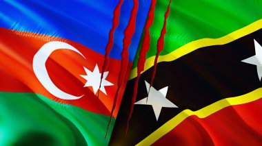 Azerbaycan, Saint Kitts ve yara izi olan Nevis bayrakları. Dalgalanan bayrak, 3 boyutlu görüntüleme. Azerbaycan ve Saint Kitts ve Nevis çatışma konsepti. Azerbaycan Saint Kitts ve Nevis ilişkileri kavramı