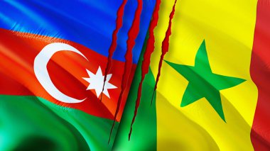 Yara izi olan Azerbaycan ve Senegal bayrakları. Dalgalanan bayrak, 3 boyutlu görüntüleme. Azerbaycan ve Senegal çatışma konsepti. Azerbaycan Senegal ilişkileri kavramı. Azerbaycan bayrağı ve Senegal krizi, savaş