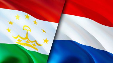 Tacikistan ve Hollanda bayrakları. 3 boyutlu dalgalanan bayrak tasarımı. Tacikistan Hollanda bayrağı, resim, duvar kağıdı. Tacikistan, Hollanda 'ya karşı. Görüntü 3D. Tacikistan Hollanda İlişkiler İttifakı