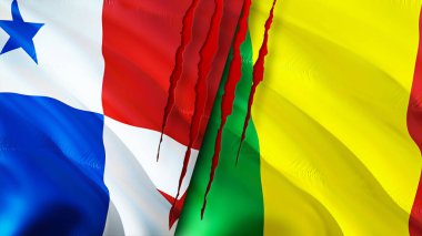 Panama ve Mali bayrakları yara izi konseptiyle. Dalgalanan bayrak, 3 boyutlu görüntüleme. Panama ve Mali çatışma konsepti. Panama Mali ilişkileri kavramı. Panama ve Mali krizi bayrağı, savaş, saldırı konsepti