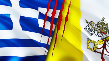 Yara izi olan Yunanistan ve Vatikan bayrakları. Dalgalanan bayrak, 3 boyutlu görüntüleme. Yunanistan ve Vatikan çatışma konsepti. Yunanistan Vatikan ilişkileri kavramı. Yunanistan bayrağı ve Vatikan krizi, savaş, saldırı konsepti